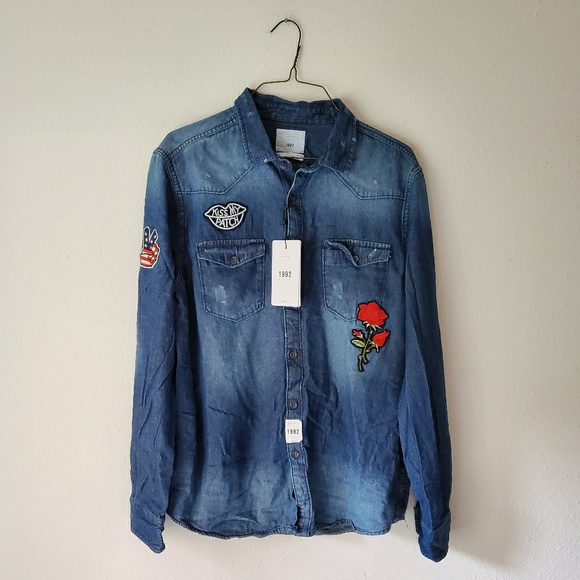ZIP CODE 1992 Denim Button Down Shirt With Patches - Picture 2 of 6